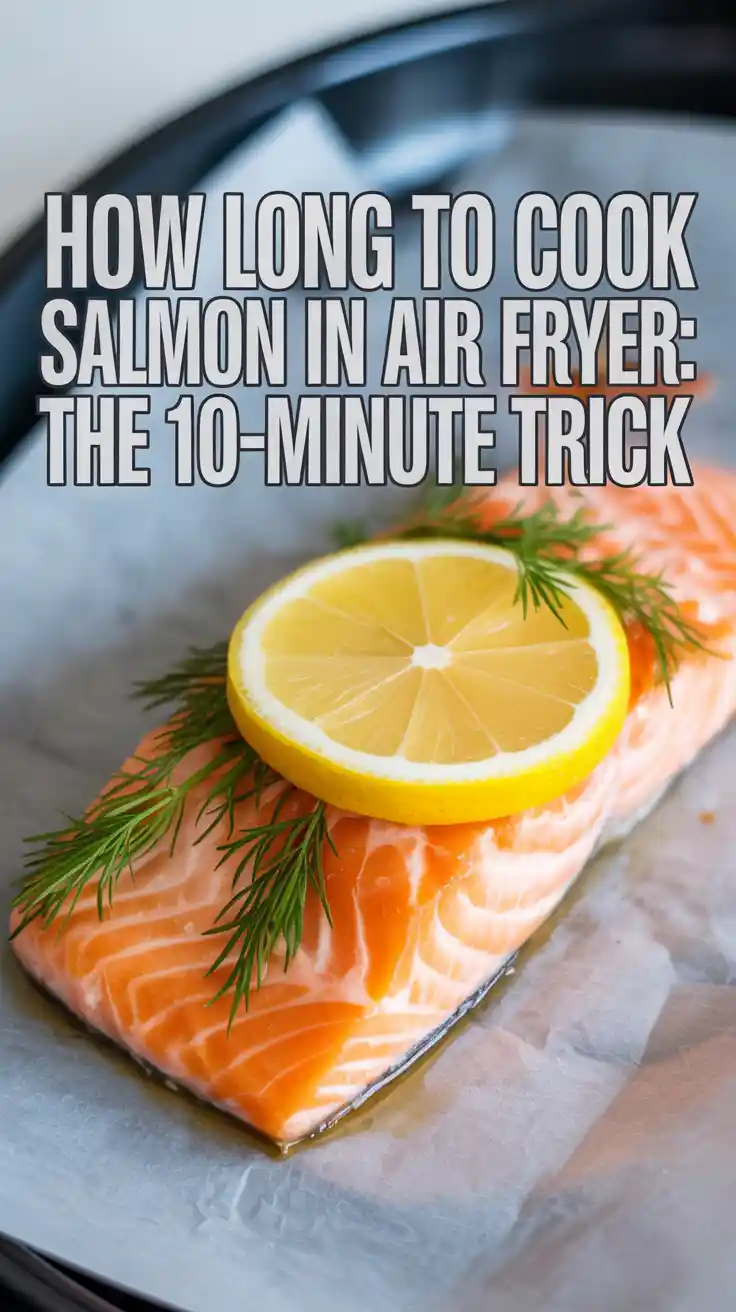 A vertical Pinterest pin showing a perfectly cooked salmon fillet with a text overlay that reads: How long to cook salmon in air fryer.