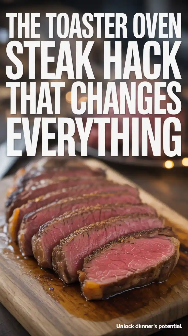 A Pinterest pin with the text "The Toaster Oven Steak Hack That Changes Everything" over a photo of a perfectly sliced ribeye steak.