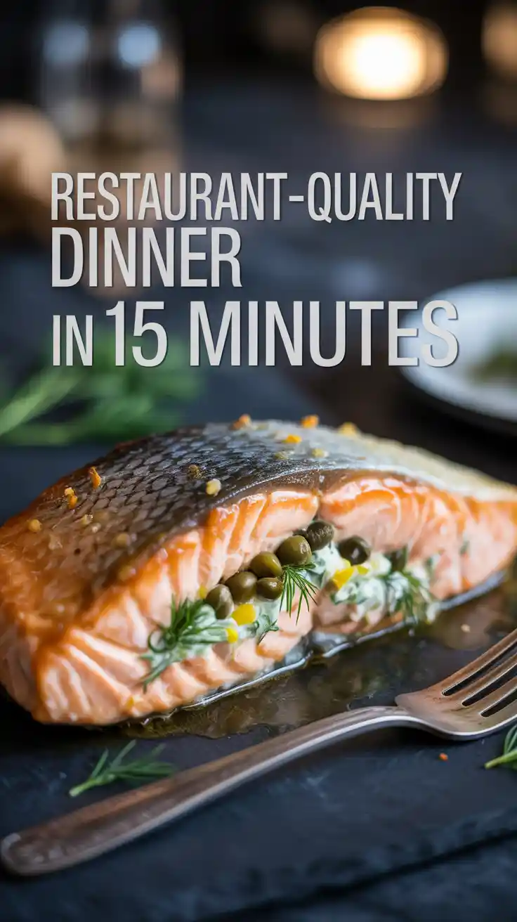 A Pinterest pin with text "Restaurant-Quality Dinner in 15 Minutes" over a photo of a delicious-looking stuffed salmon fillet.