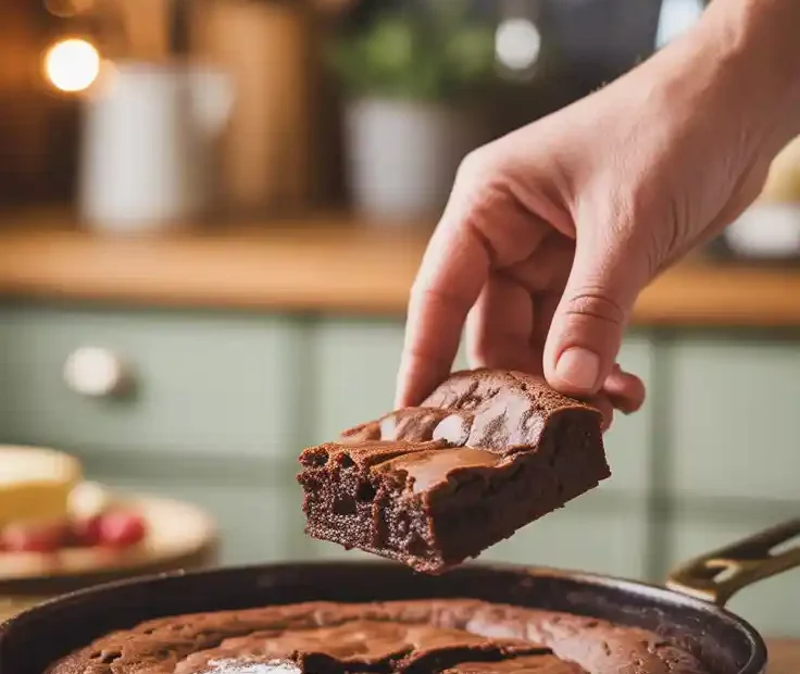 A Pinterest pin with the text "Your Box Mix Has a Secret..." over a photo of a hand lifting a perfect, fudgy brownie from a pan.