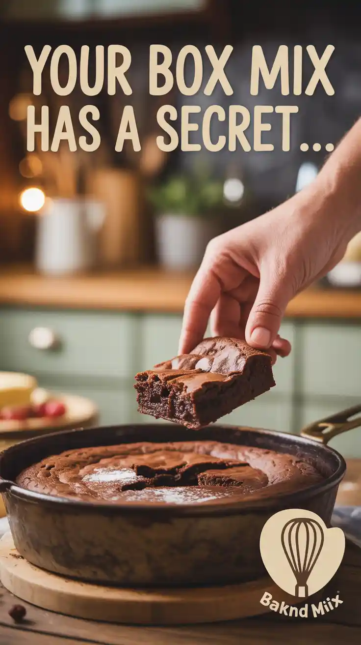 A Pinterest pin with the text "Your Box Mix Has a Secret..." over a photo of a hand lifting a perfect, fudgy brownie from a pan.