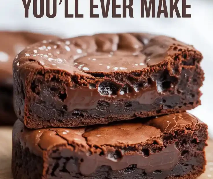 A collage showing the process of making fudgy brownies: the glossy batter in a bowl, the batter in the pan, and the final baked brownies with a crackly top.