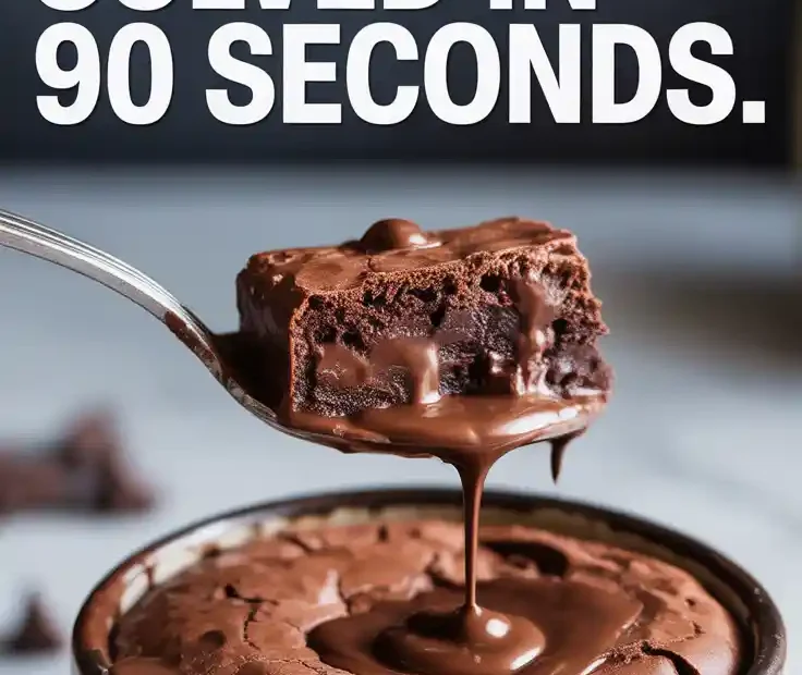 A Pinterest pin with the text "CHOCOLATE CRAVING? Solved in 90 Seconds." over a photo of a delicious, fudgy brownie in a mug.