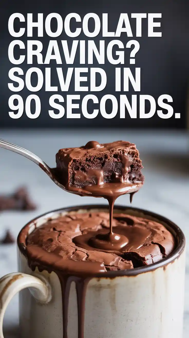 A Pinterest pin with the text "CHOCOLATE CRAVING? Solved in 90 Seconds." over a photo of a delicious, fudgy brownie in a mug.