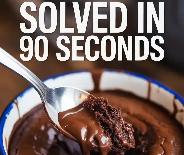 A Pinterest pin with the text "CHOCOLATE CRAVING? Solved in 90 Seconds." over a photo of a delicious, fudgy brownie in a mug.