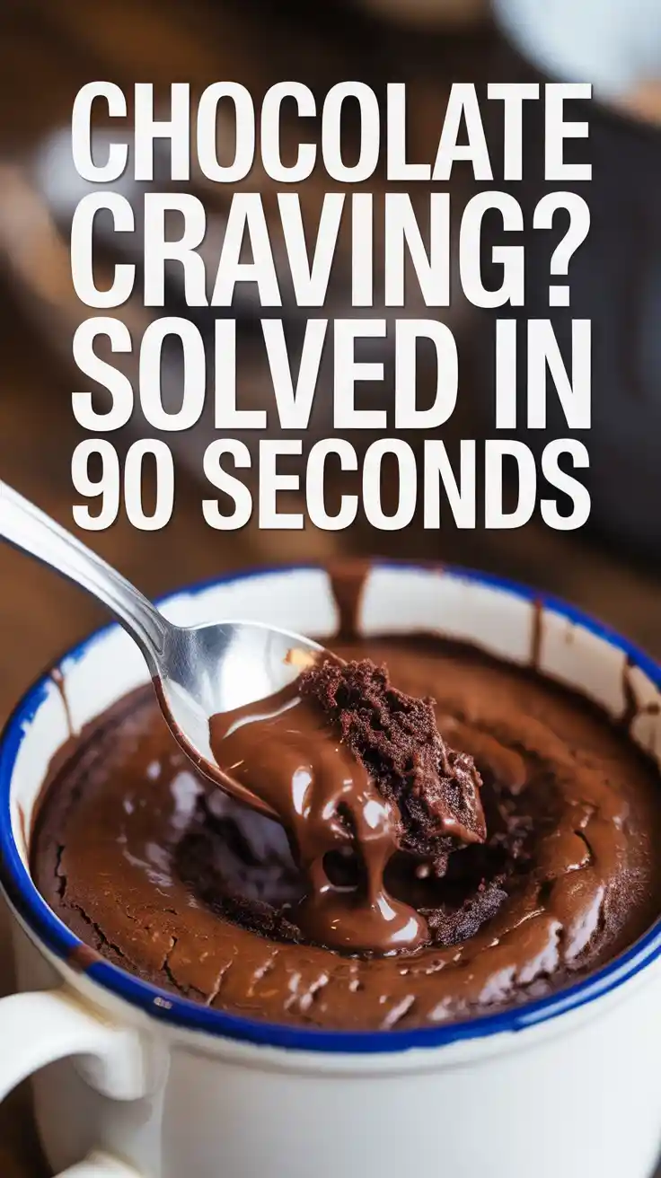 A Pinterest pin with the text "CHOCOLATE CRAVING? Solved in 90 Seconds." over a photo of a delicious, fudgy brownie in a mug.
