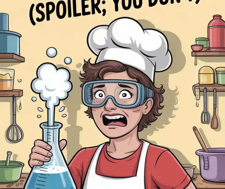 A Pinterest pin with the text "How to Make Baking Soda (Spoiler: You Don't)" over a funny image of a person looking confused in a kitchen.