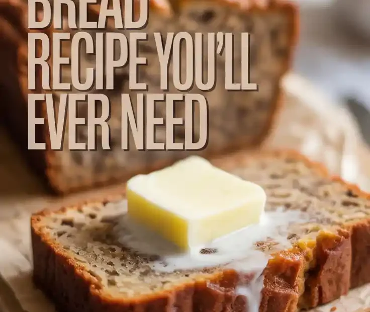 A Pinterest pin with the text "The Only Banana Bread Recipe You'll Ever Need" over a photo of a delicious slice of homemade banana bread.