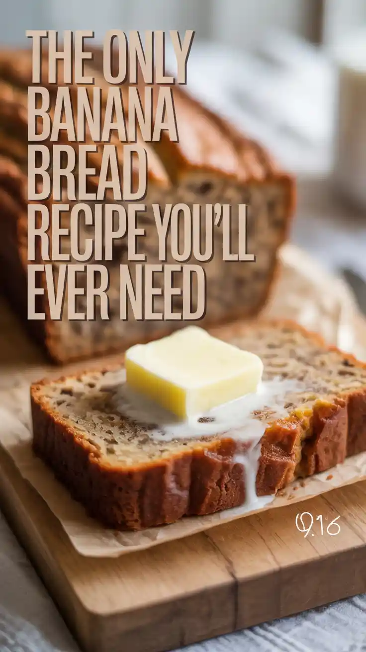 A Pinterest pin with the text "The Only Banana Bread Recipe You'll Ever Need" over a photo of a delicious slice of homemade banana bread.