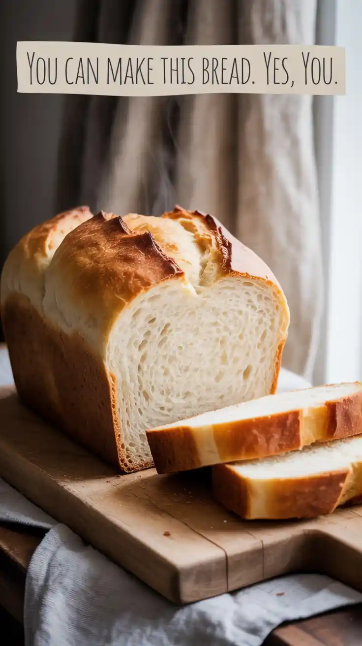A Pinterest pin with the text "You Can Make This Bread. Yes, YOU." over a photo of a beautiful, crusty loaf of homemade bread.