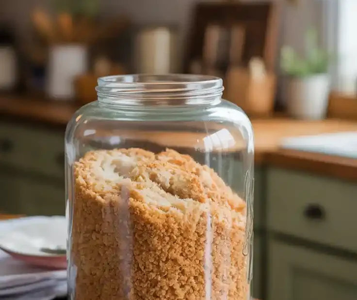 A Pinterest pin with the text "Don't Toss That Stale Bread!" over a photo of a jar of homemade bread crumbs.