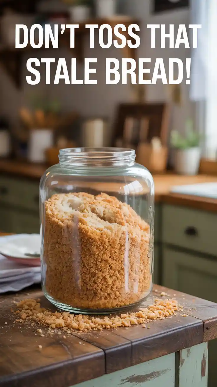 A Pinterest pin with the text "Don't Toss That Stale Bread!" over a photo of a jar of homemade bread crumbs.