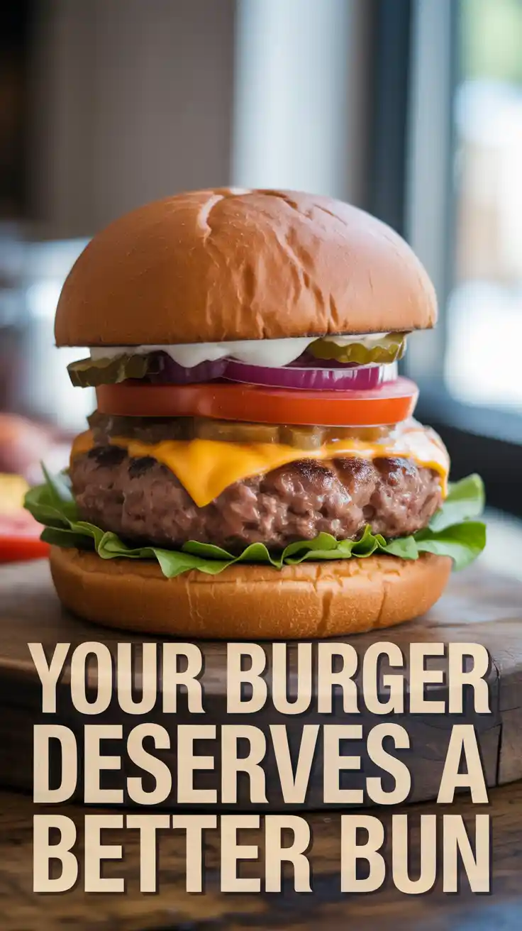 A Pinterest pin with the text "Your Burger Deserves a Better Bun" over a photo of a gourmet burger on a shiny, homemade bun.