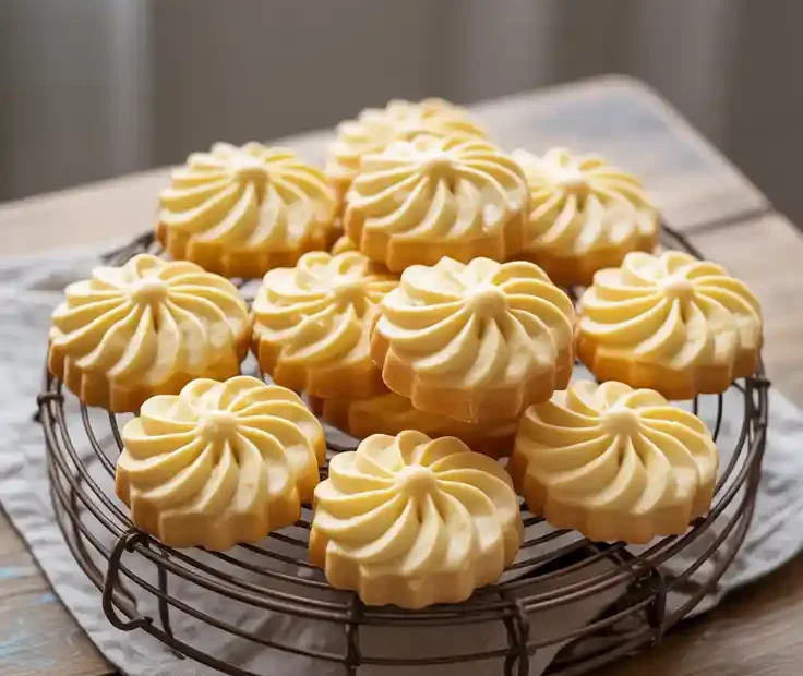 A tray of freshly baked golden butter cookies with a text overlay that reads "How to Make Butter Cookies."