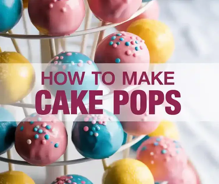 A colorful assortment of homemade cake pops with sprinkles in a stand, with the text "How to Make Cake Pops" overlaid on the image.