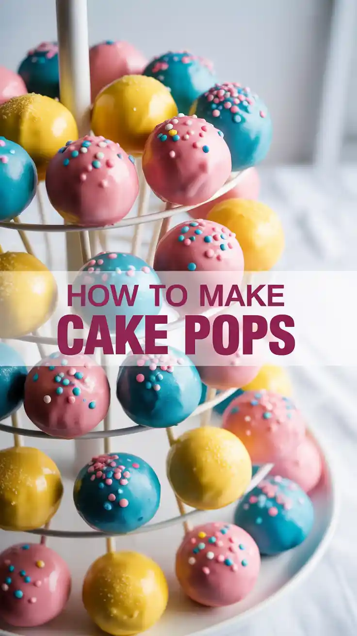 A colorful assortment of homemade cake pops with sprinkles in a stand, with the text "How to Make Cake Pops" overlaid on the image.