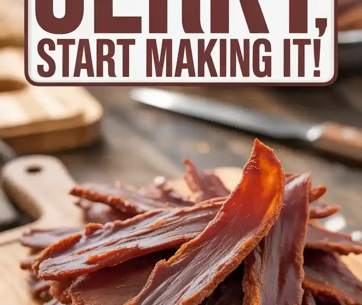 A Pinterest pin with the text "Stop Buying Jerky, Start Making It!" over a photo of homemade air-fried chicken jerky.