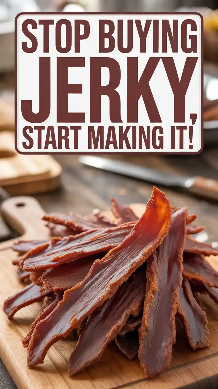 A Pinterest pin with the text "Stop Buying Jerky, Start Making It!" over a photo of homemade air-fried chicken jerky.