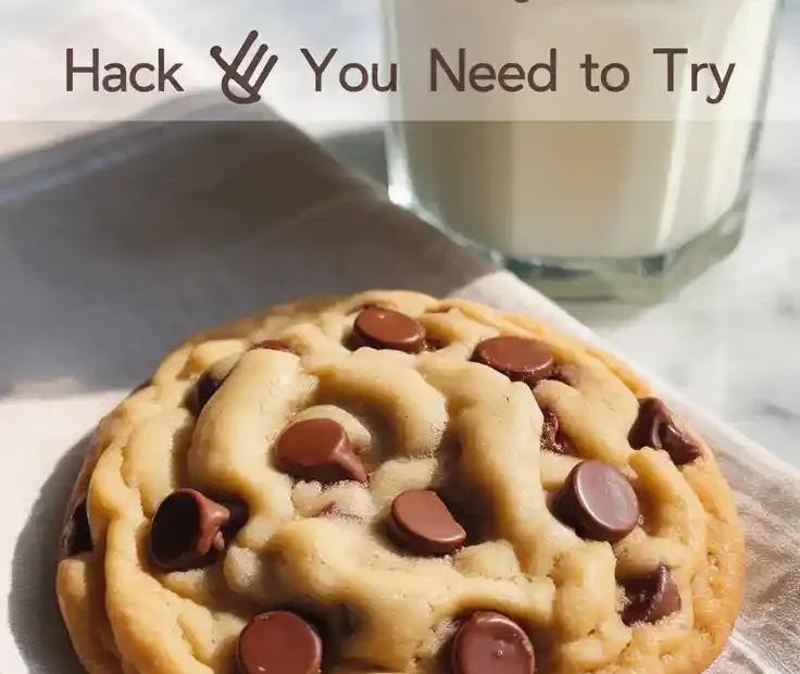 A Pinterest pin with the text "The 8-Minute Air Fryer Cookie Hack You Need to Try" over a photo of a chocolate chip cookie and milk.