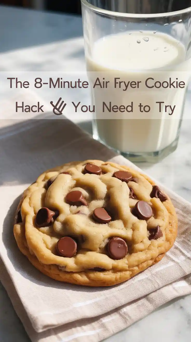 A Pinterest pin with the text "The 8-Minute Air Fryer Cookie Hack You Need to Try" over a photo of a chocolate chip cookie and milk.