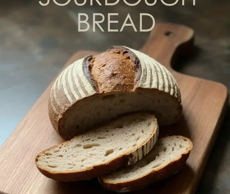 A beautiful artisan loaf of gluten-free sourdough bread on a wooden board with the text "Gluten-Free Sourdough Bread" overlaid.