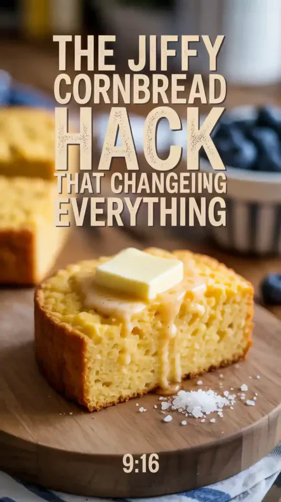 A Pinterest pin with the text "The Jiffy Cornbread Hack That Changes Everything" over a photo of a perfect slice of air-fried Jiffy cornbread.