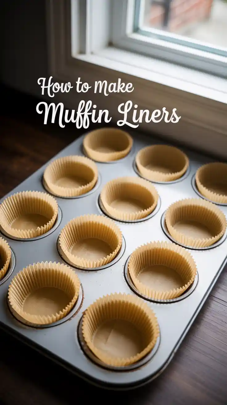 A muffin tin filled with beautiful, rustic homemade parchment paper muffin liners, with the text "How to Make Muffin Liners" overlaid.