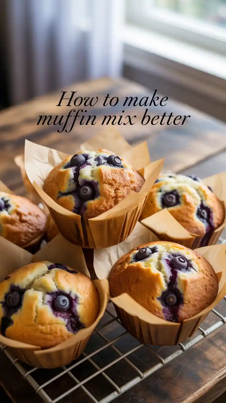A tray of delicious, upgraded blueberry muffins with a text overlay that reads "How to Make Muffin Mix Better."