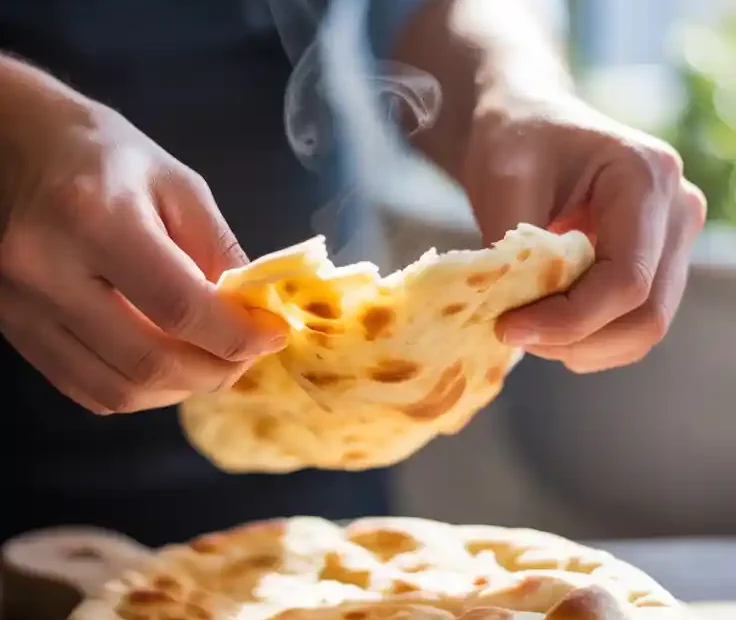 A Pinterest pin with the text "Better Than the Restaurant" over a photo of a hand tearing a piece of fresh, homemade naan bread.