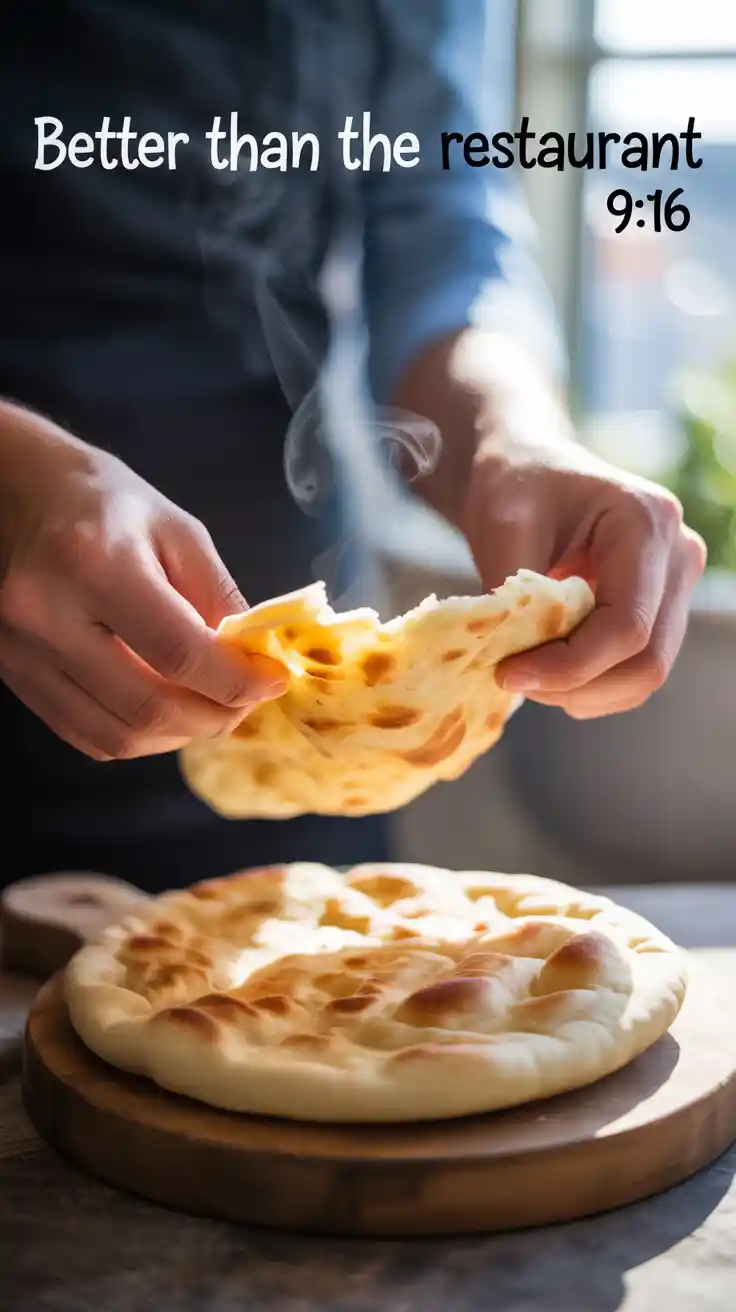 A Pinterest pin with the text "Better Than the Restaurant" over a photo of a hand tearing a piece of fresh, homemade naan bread.