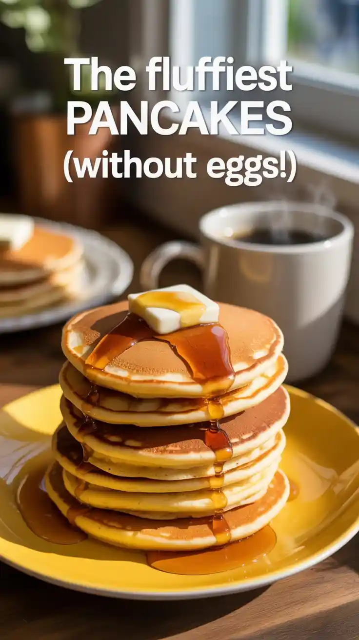 A tall, fluffy stack of pancakes with syrup being poured on them, with the text "The Fluffiest Pancakes (Without Eggs!)" overlaid.