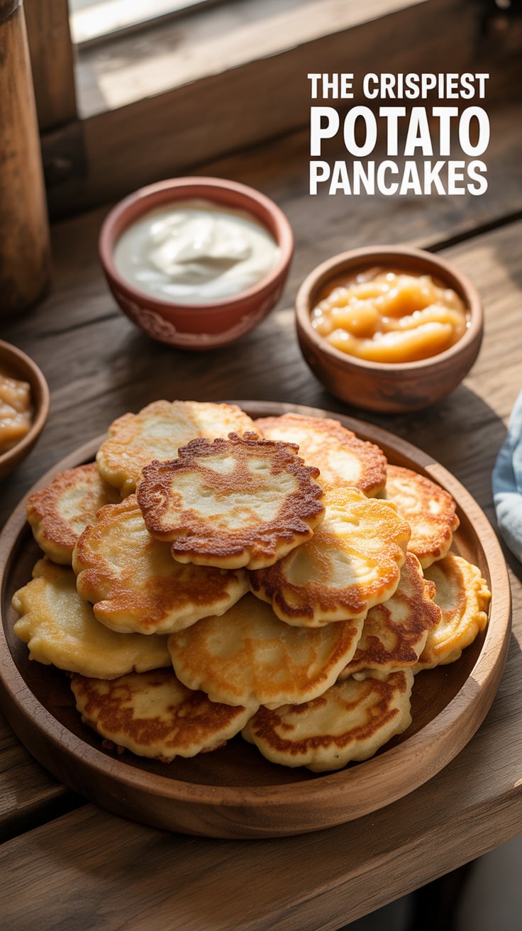 A platter of crispy, golden-brown potato pancakes with sour cream and applesauce, with the text "The Crispiest Potato Pancakes" overlaid.