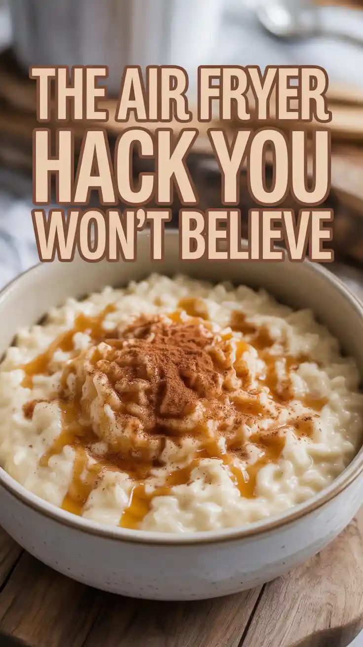 A Pinterest pin with the text "The Air Fryer Hack You Won't Believe" over a photo of a cozy bowl of homemade rice pudding.