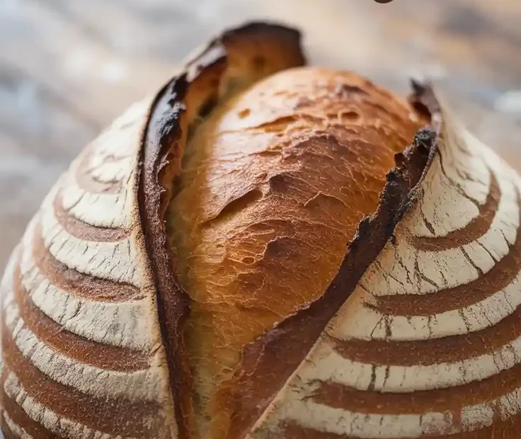 A Pinterest pin with the text "Your First Perfect Loaf of Sourdough" over a photo of a beautiful, crusty homemade sourdough loaf.