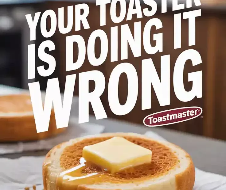 A Pinterest pin with the text "Your Toaster is Doing It Wrong" over a photo of a perfectly toasted English muffin from an air fryer.