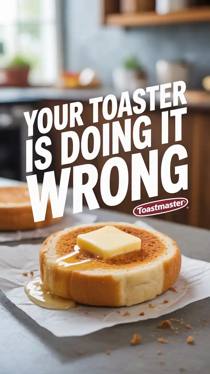 A Pinterest pin with the text "Your Toaster is Doing It Wrong" over a photo of a perfectly toasted English muffin from an air fryer.