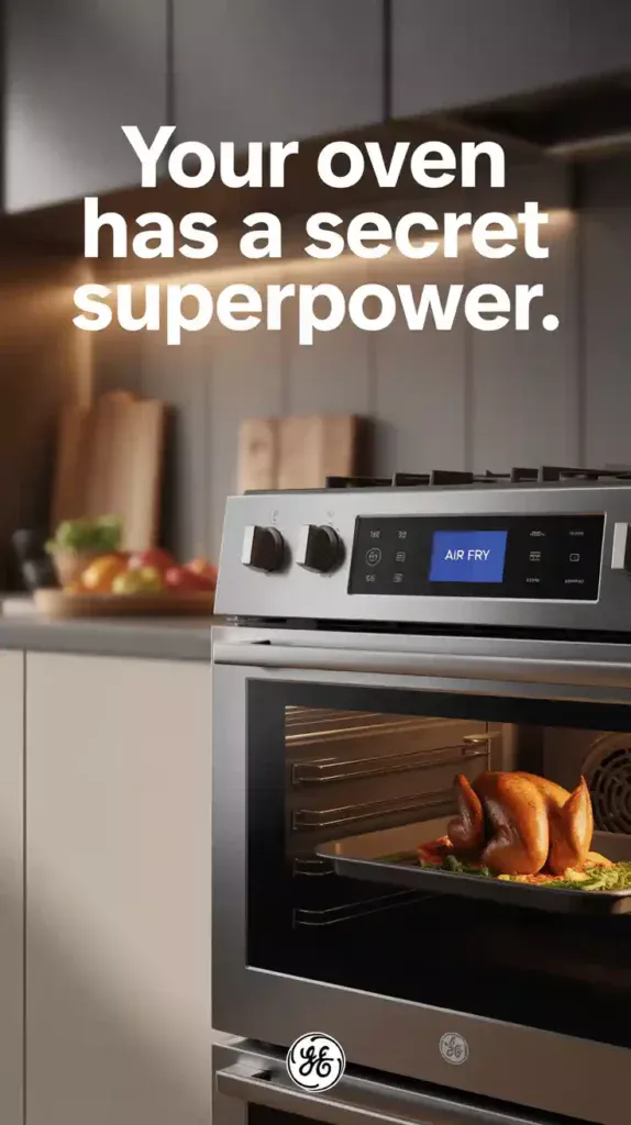 A Pinterest pin with the text "Your Oven Has a Secret Superpower" over a photo of a GE oven's control panel, highlighting the Air Fry button.