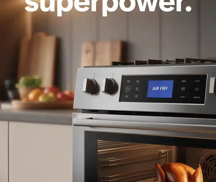 A Pinterest pin with the text "Your Oven Has a Secret Superpower" over a photo of a GE oven's control panel, highlighting the Air Fry button.