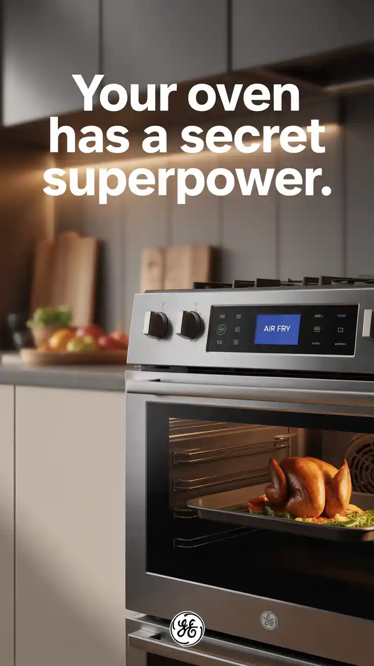 A Pinterest pin with the text "Your Oven Has a Secret Superpower" over a photo of a GE oven's control panel, highlighting the Air Fry button.