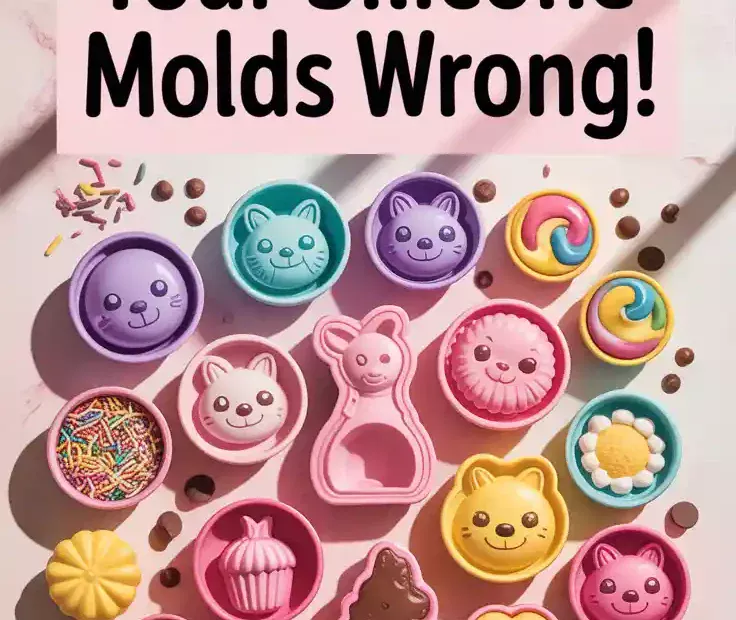 A Pinterest pin with the text "You're Using Your Silicone Molds WRONG!" over a photo of colorful silicone baking molds.