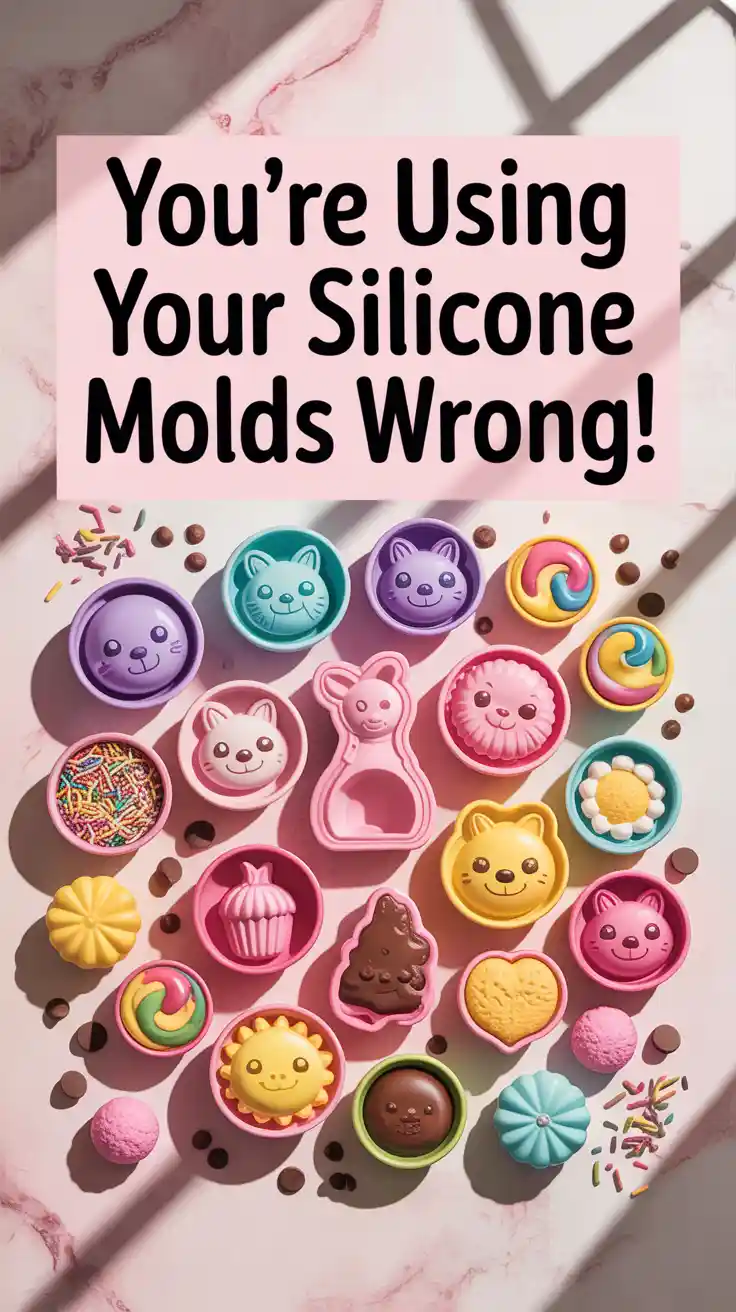 A Pinterest pin with the text "You're Using Your Silicone Molds WRONG!" over a photo of colorful silicone baking molds.