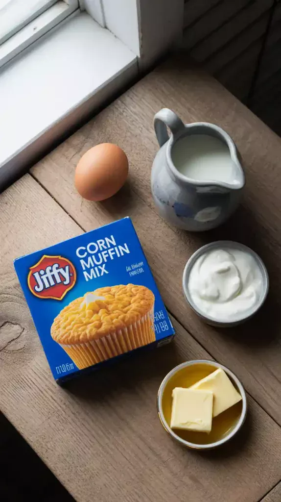 A flat lay collage showing the ingredients for the doctored-up Jiffy cornbread recipe: the Jiffy box, an egg, milk, sour cream, and butter.