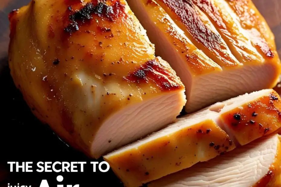 A sliced, juicy air fryer chicken breast with a text overlay that reads "The Secret to JUICY Air Fryer Chicken."