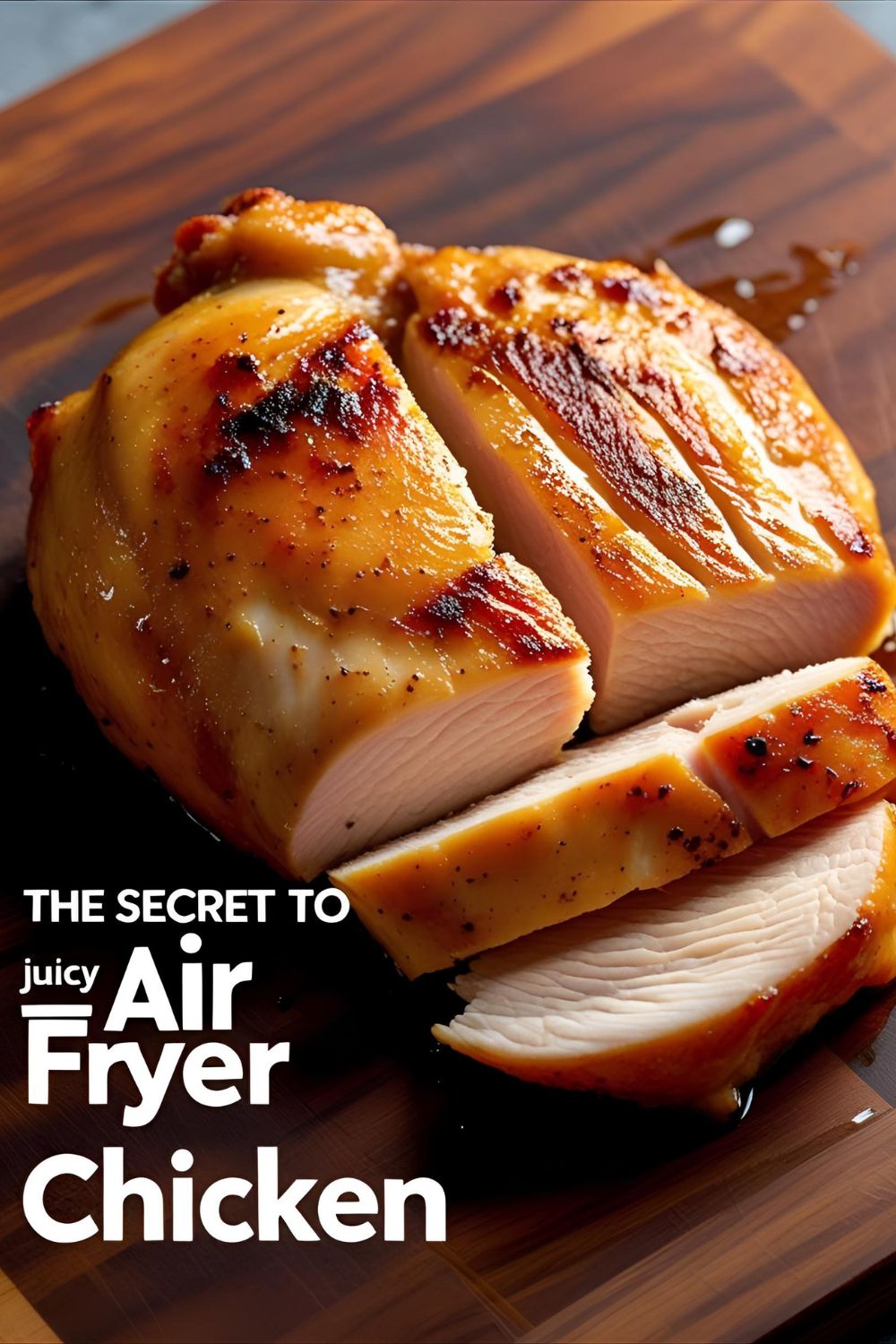 A sliced, juicy air fryer chicken breast with a text overlay that reads "The Secret to JUICY Air Fryer Chicken."