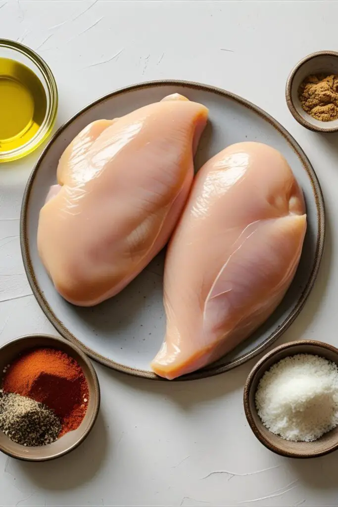 A flat lay of the ingredients for air fryer chicken: raw chicken breasts, oil, and bowls of spices like smoked paprika and garlic powder.