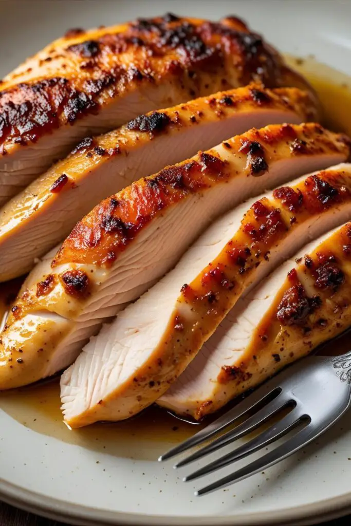 A close-up shot of a perfectly cooked and sliced juicy air fryer chicken breast, ready to be eaten.