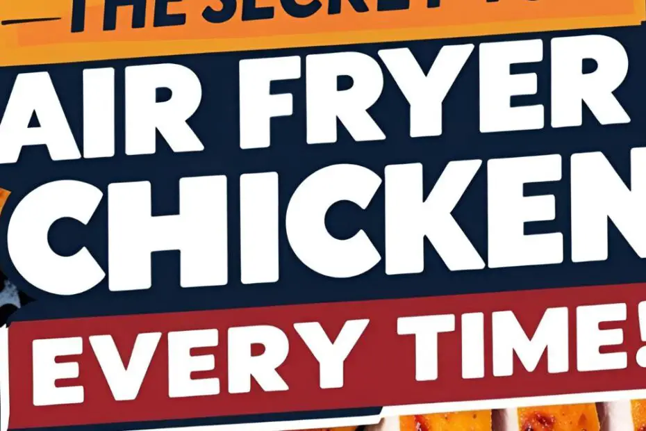 A Pinterest pin featuring a juicy, perfectly cooked air fryer chicken breast, sliced to show its tender interior. The text overlay reads: "The Secret to JUICY Air Fryer Chicken Every Time!"