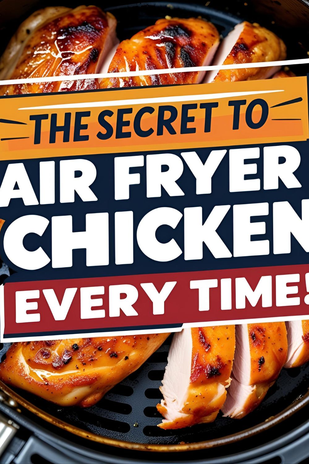 A Pinterest pin featuring a juicy, perfectly cooked air fryer chicken breast, sliced to show its tender interior. The text overlay reads: "The Secret to JUICY Air Fryer Chicken Every Time!"