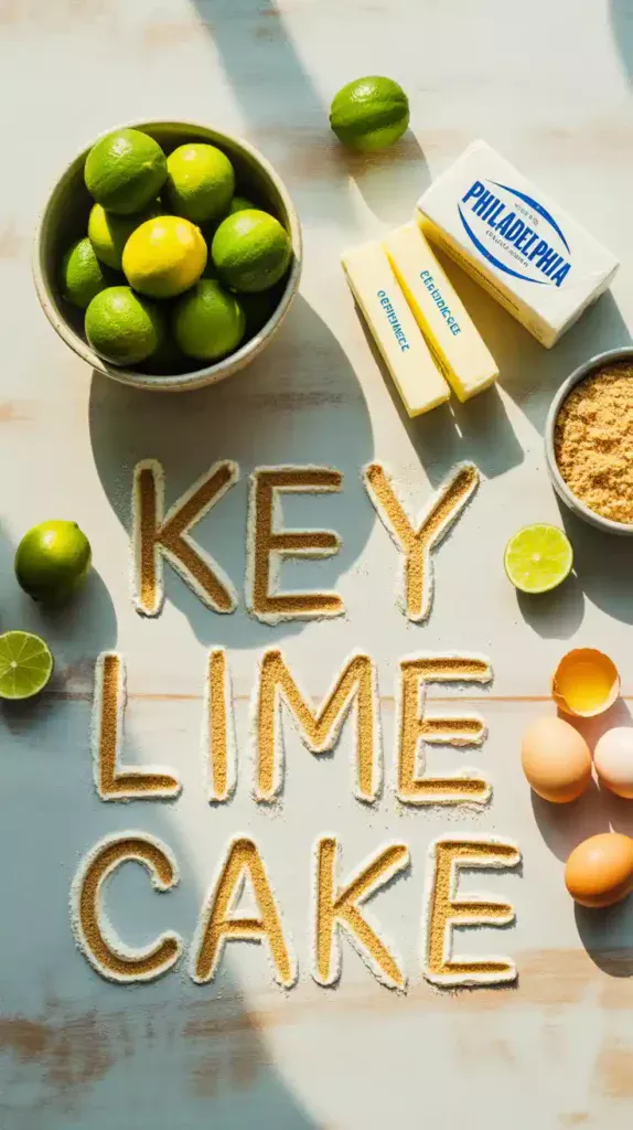  A flat lay of fresh ingredients for Key lime cake, including Key limes, cream cheese, butter, flour, and graham cracker crumbs.