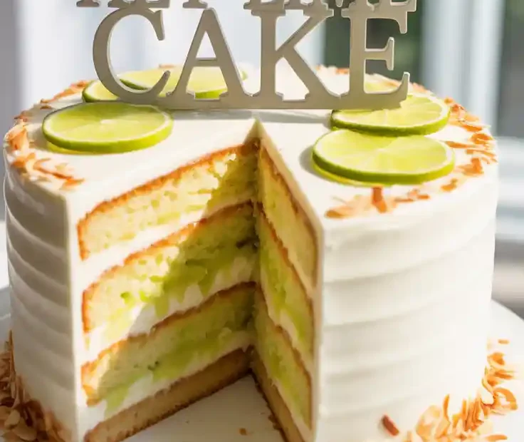 A beautiful Key lime layer cake on a stand with a slice removed, with the text "The Best Key Lime Cake" overlaid.